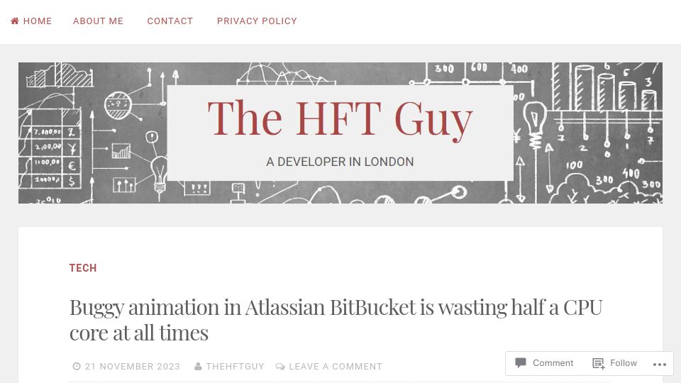 Screenshot of thehftguy.com: Buggy animation in Atlassian Bitbucket is wasting half a CPU core at all times