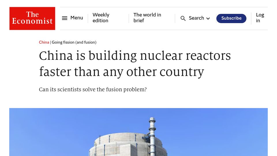Screenshot of economist.com: China is building nuclear reactors faster than any other country