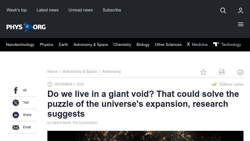 Screenshot of phys.org: Astronomers posit that we live in an area with below average density