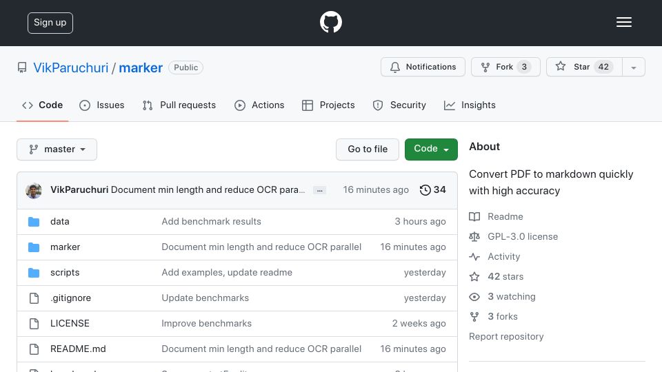 Screenshot of github.com: Marker: Convert PDF to Markdown quickly with high accuracy