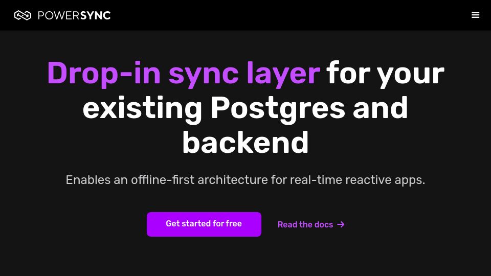 Screenshot of powersync.com: Show HN: Bi-directional sync between Postgres and SQLite
