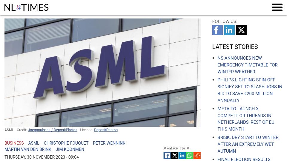 Screenshot of nltimes.nl: ASML names Christophe Fouquet as new CEO