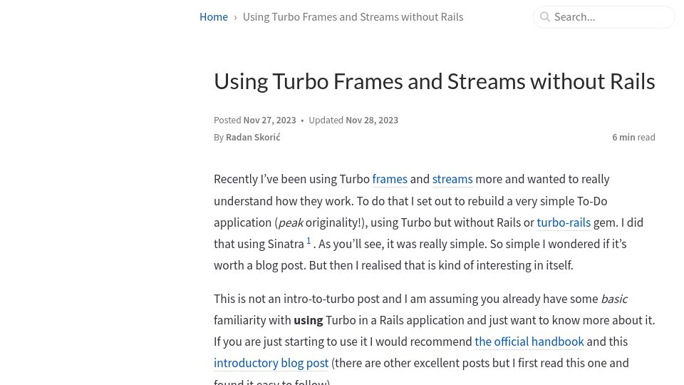 Screenshot of radanskoric.com: Using Turbo Frames and Streams Without Rails