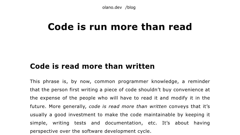 Screenshot of olano.dev: Code is run more than read