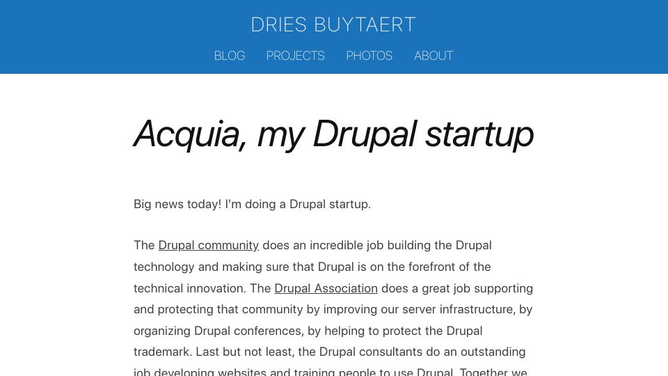 Screenshot of dri.es: Acquia, my Drupal startup