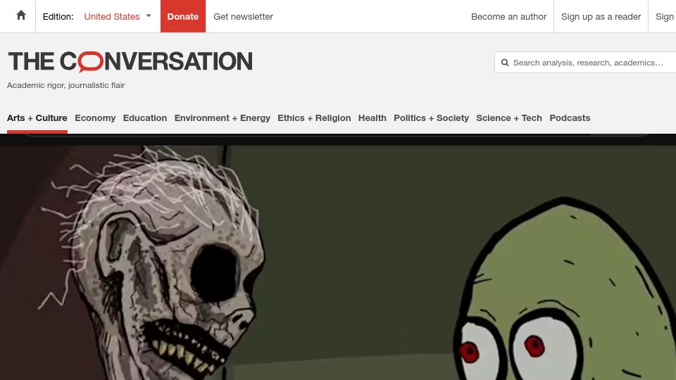 Screenshot of theconversation.com: Salad Fingers and the dawn of ‘weird YouTube’