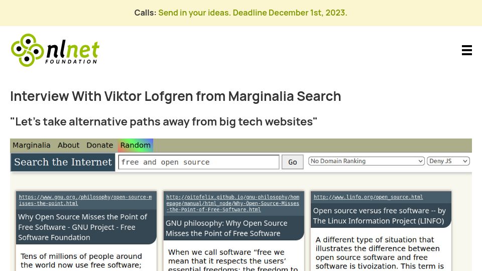 Screenshot of nlnet.nl: Interview with Viktor Lofgren from Marginalia Search