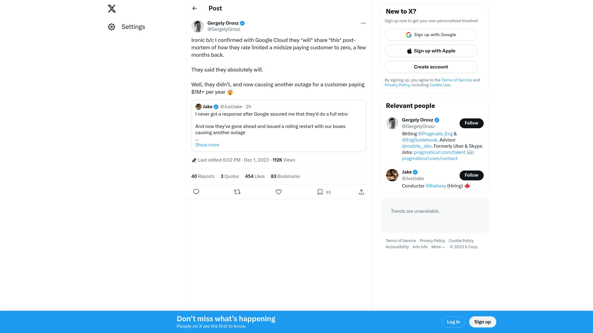 Screenshot of twitter.com: Google Cloud causes another outage for customer that got ratelimited erroneously