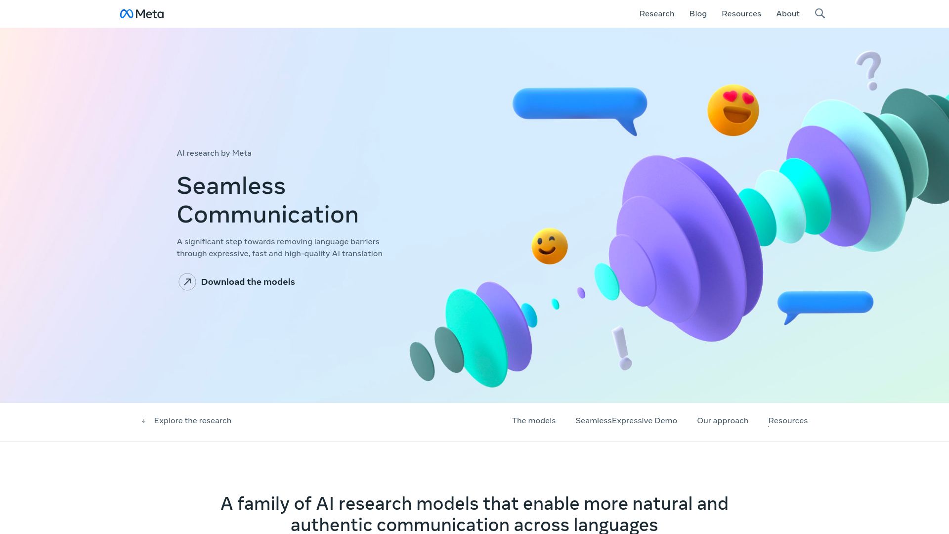 Screenshot of ai.meta.com: The Seamless Communication models