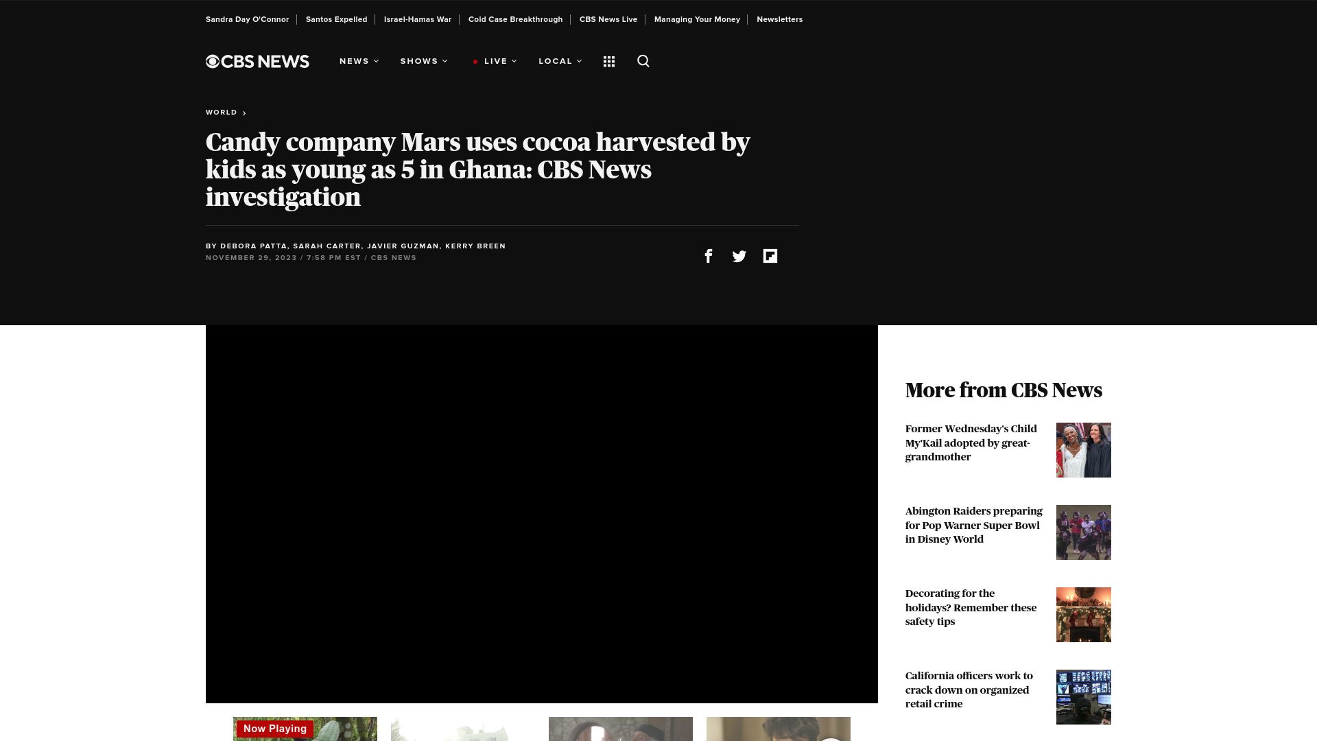 Screenshot of cbsnews.com: Cocoa harvested by kids as young as 5 in Ghana: CBS News investigation