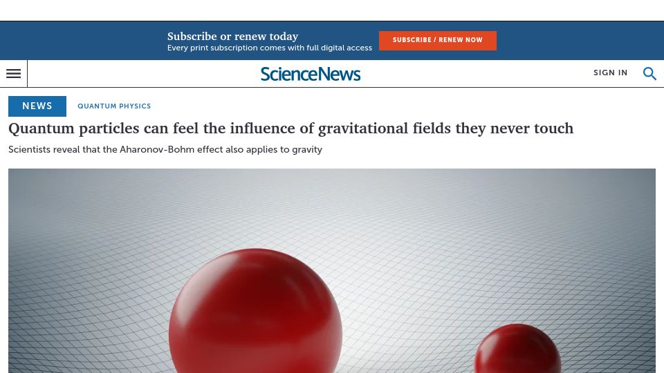 Screenshot of sciencenews.org: Quantum particles can feel the influence of gravitational fields