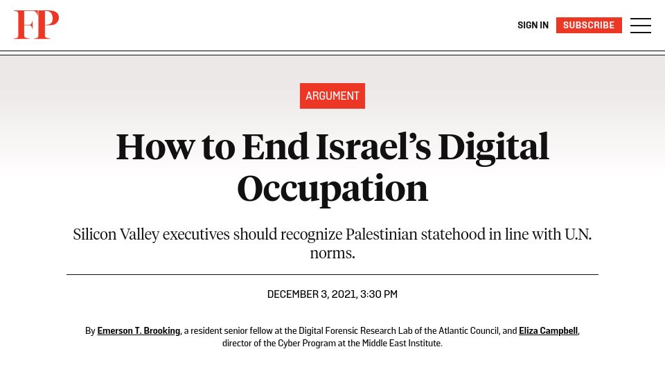 Screenshot of foreignpolicy.com: How to End Israel's Digital Occupation (2021)