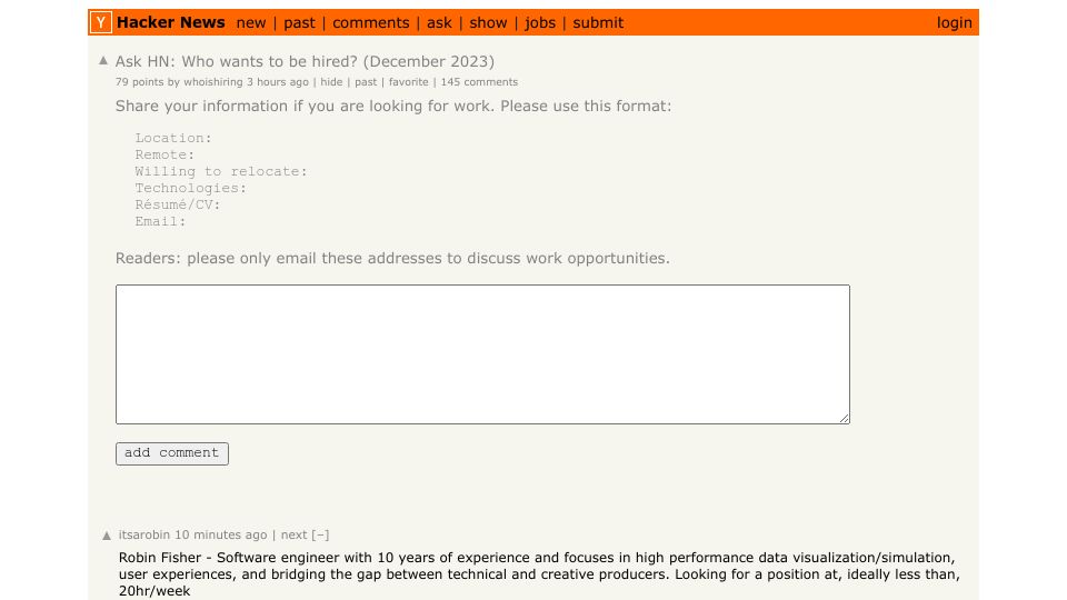 Screenshot of Hacker News post: Ask HN: Who wants to be hired? (December 2023)