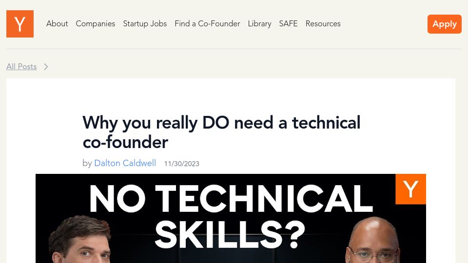 Screenshot of ycombinator.com: You do need a technical co-founder [video]