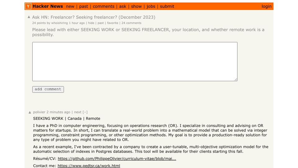 Screenshot of Hacker News post: Ask HN: Freelancer? Seeking freelancer? (December 2023)