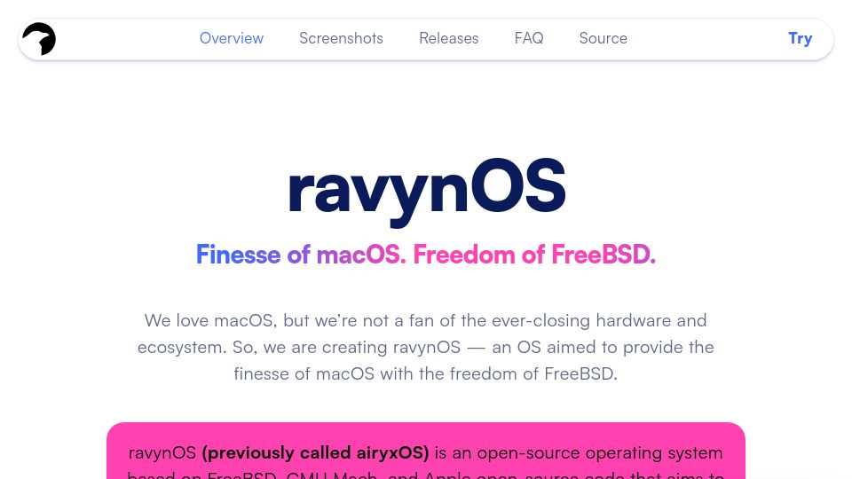 Screenshot of ravynos.com: RavynOS Finesse of macOS. Freedom of FreeBSD