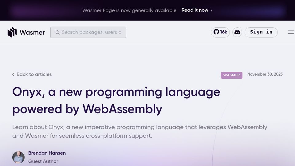 Screenshot of wasmer.io: Onyx, a new programming language powered by WebAssembly