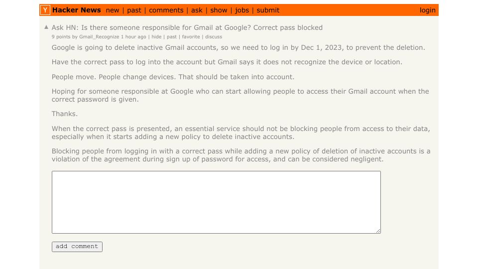 Screenshot of Hacker News post: Ask HN: Is there someone responsible for Gmail at Google? Correct pass blocked