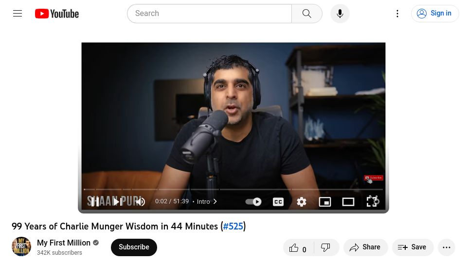 Screenshot of youtube.com: 99 Years of Charlie Munger Wisdom in 44 Minutes [video]