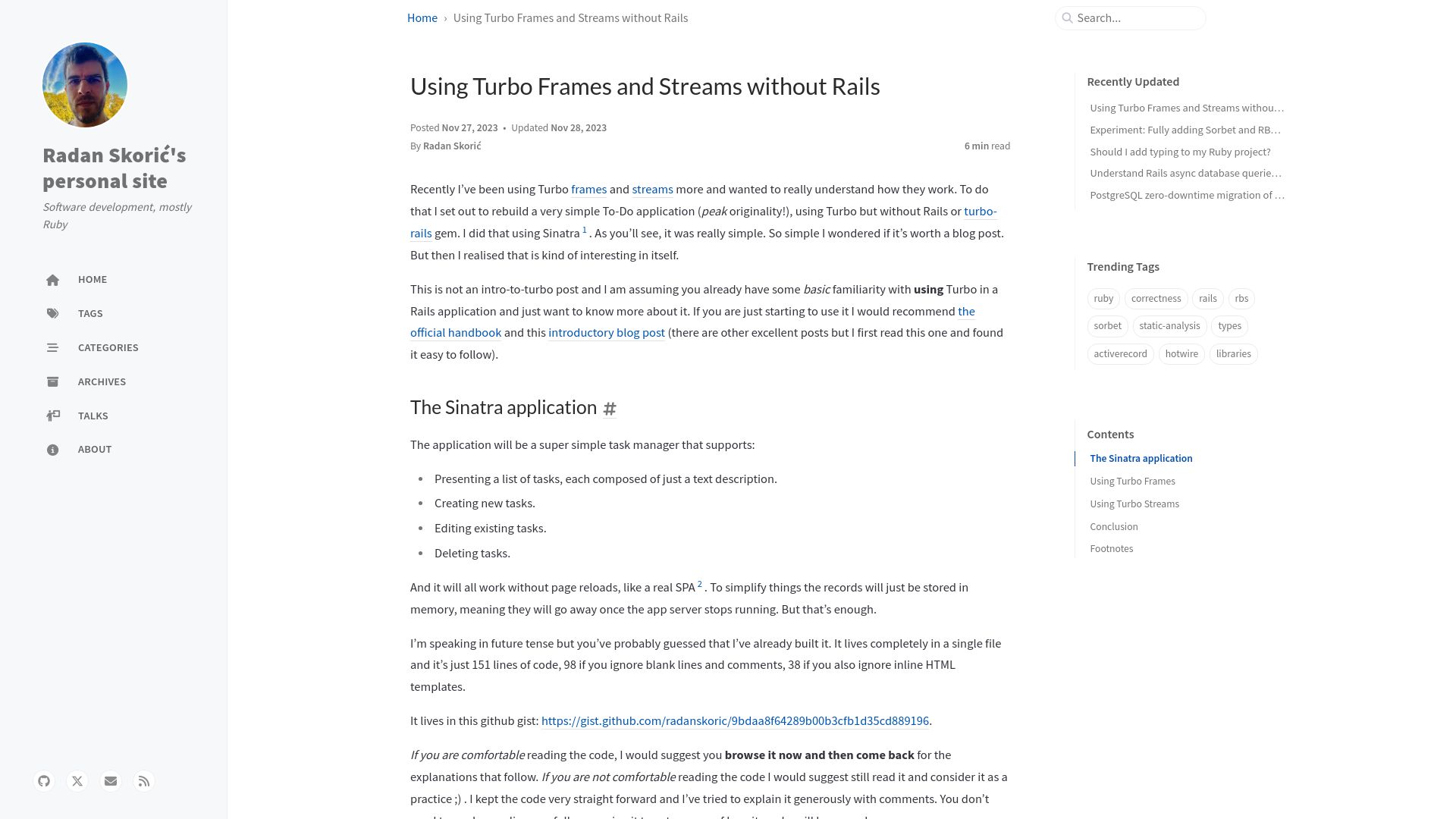 Screenshot of radanskoric.com: Using Turbo Frames and Streams Without Rails