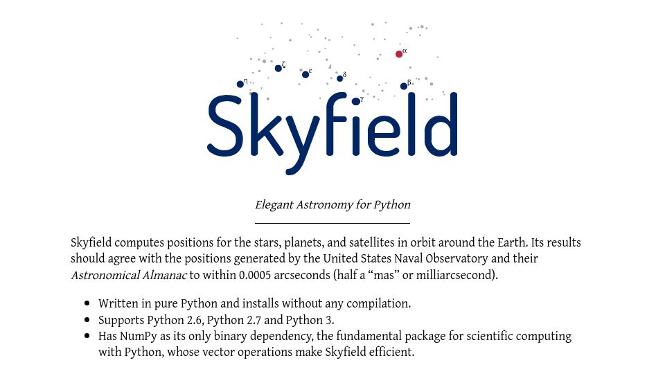 Screenshot of rhodesmill.org: Skyfield: Elegant Astronomy for Python