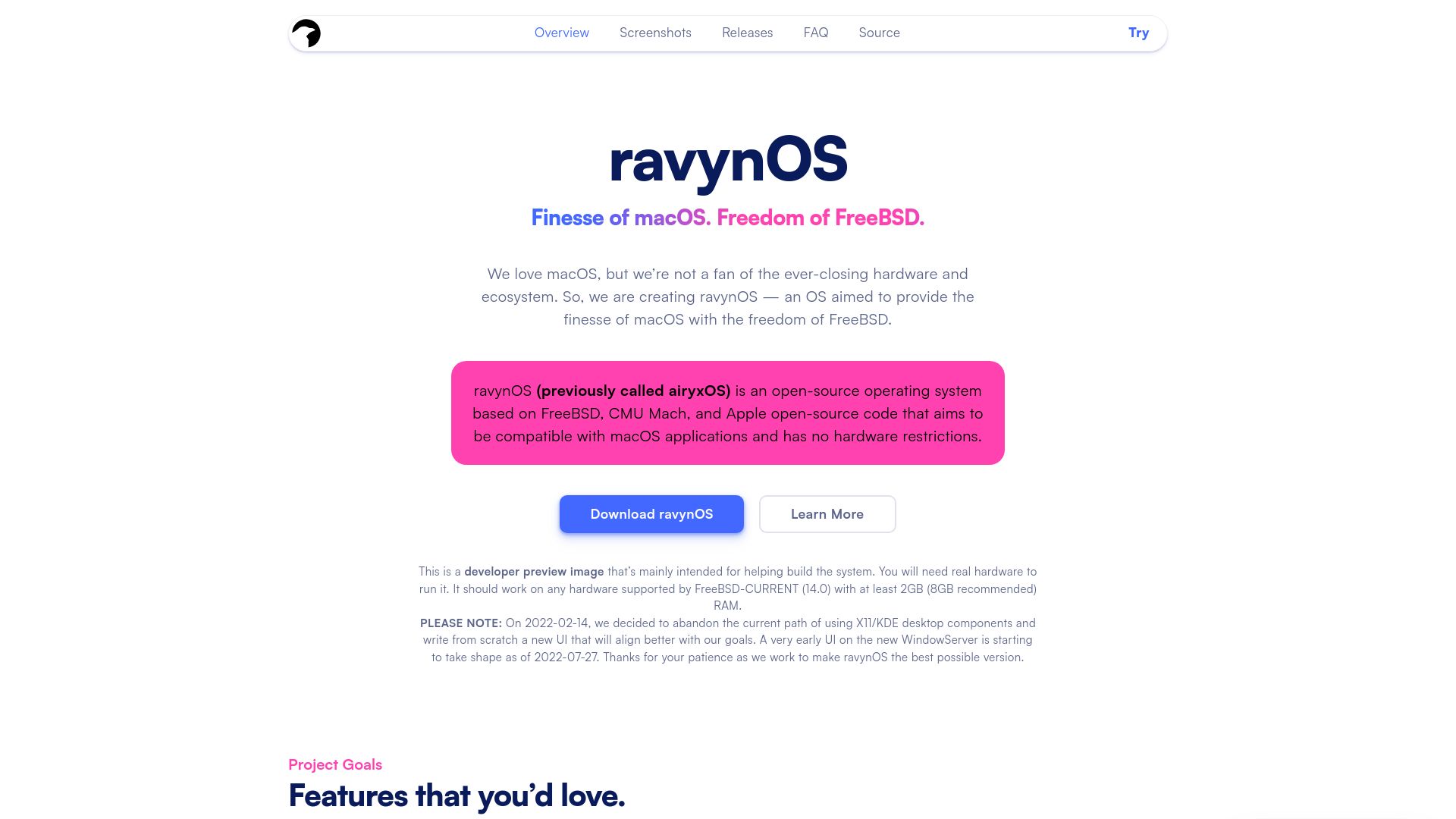 Screenshot of ravynos.com: RavynOS Finesse of macOS. Freedom of FreeBSD