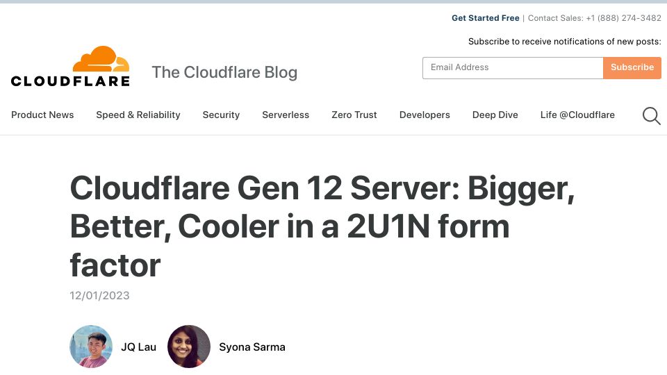 Screenshot of blog.cloudflare.com: Cloudflare Gen 12 Server: Bigger, Better, Cooler in a 2U1N Form Factor