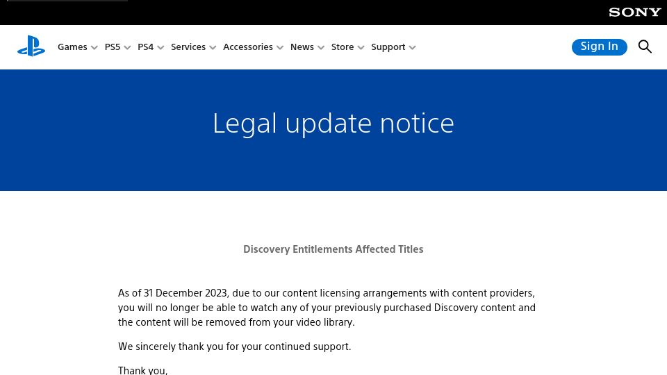 Screenshot of playstation.com: Playstation removing previously purchased Discovery content