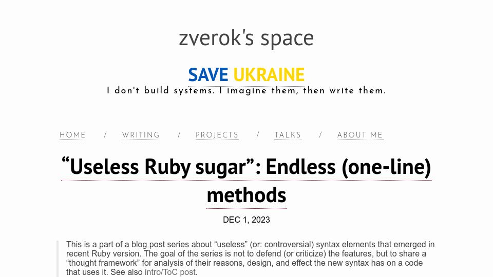 Screenshot of zverok.space: "Useless Ruby sugar": Endless (one-line) methods