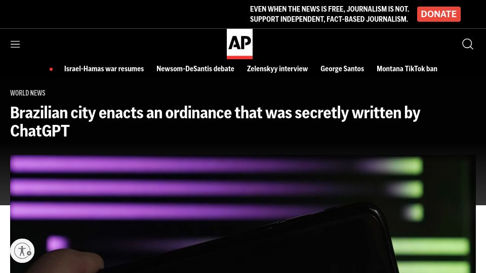 Screenshot of apnews.com: Brazilian city enacts an ordinance that was written by ChatGPT