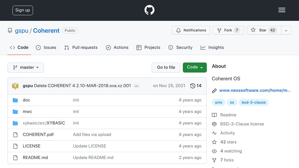 Screenshot of github.com: Coherent: The affordable Unix-like PC OS from over a decade before Linux 0.01