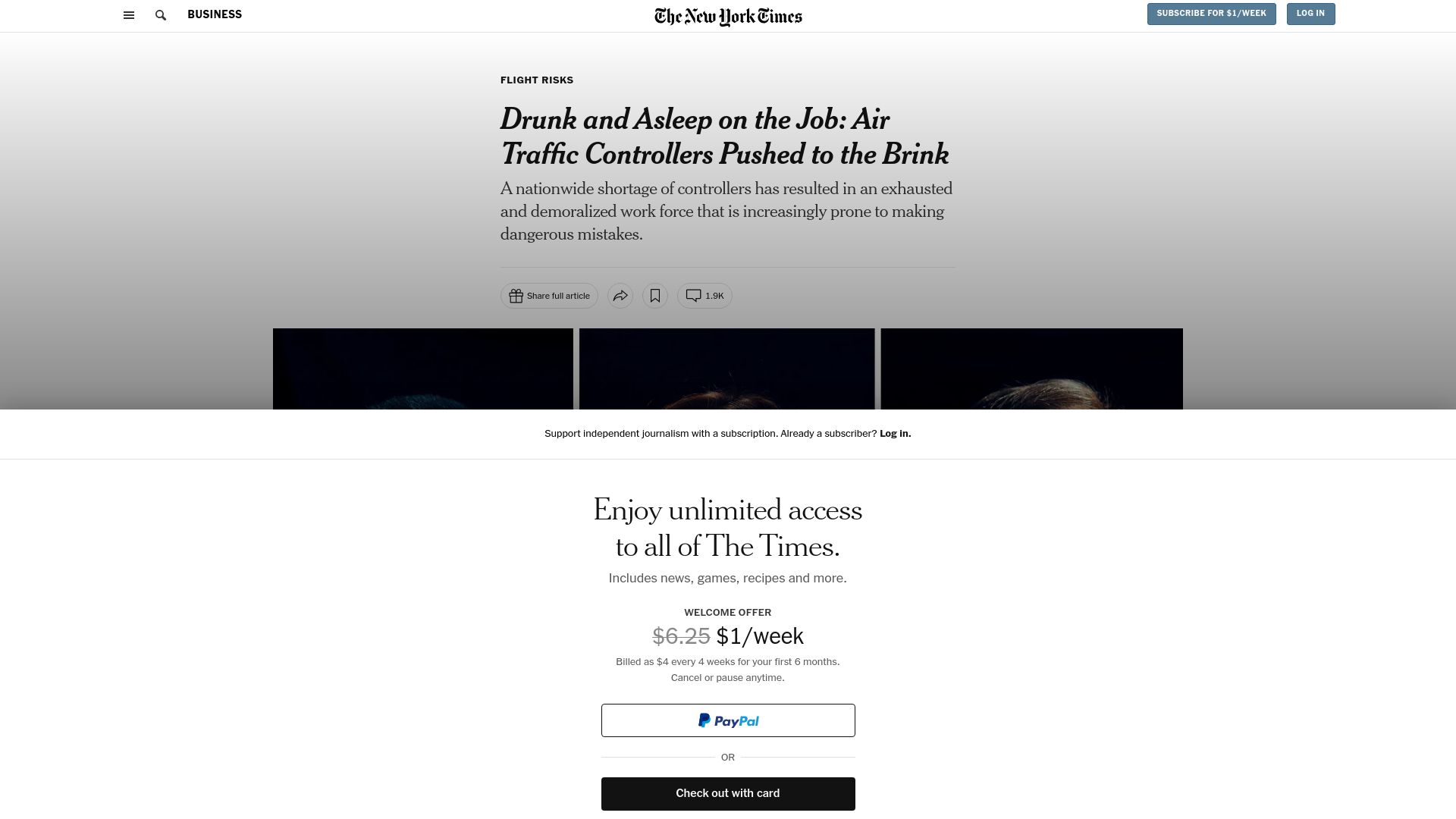 Screenshot of nytimes.com: Air Traffic Controllers Pushed to the Brink