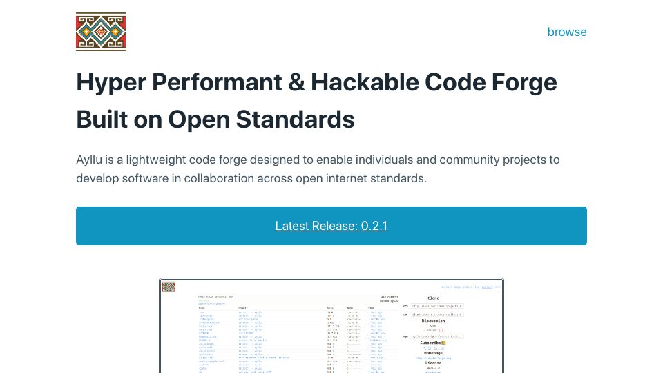 Screenshot of ayllu-forge.org: Ayllu: Hackable Code Forge Built on Open Standards