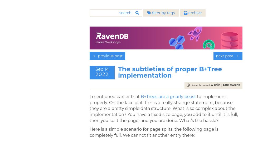 Screenshot of ayende.com: The subtleties of proper B+Tree implementation
