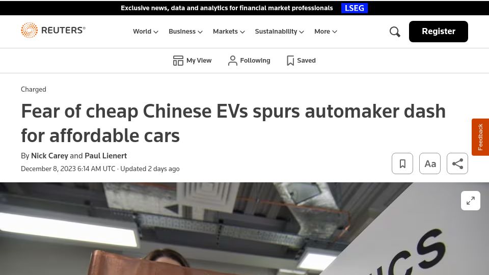 Screenshot of reuters.com: Fear of cheap Chinese EVs spurs automaker dash for affordable cars