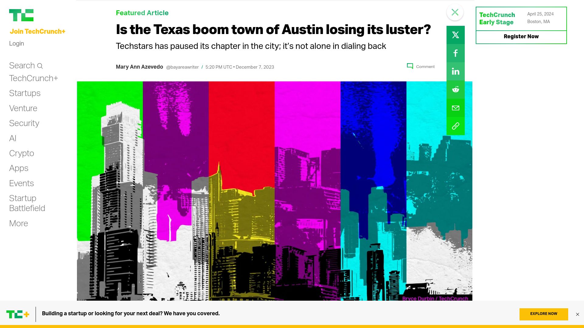 Screenshot of techcrunch.com: Is the Texas boom town of Austin losing its luster?