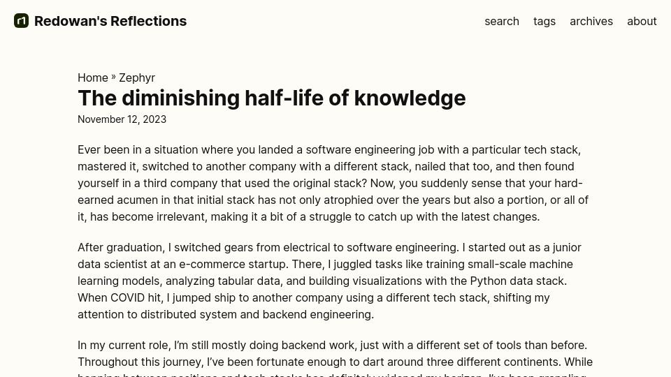 Screenshot of rednafi.com: The diminishing half-life of knowledge