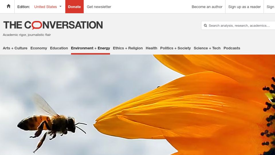 Screenshot of theconversation.com: ‘Inert’ ingredients in pesticides may be more toxic to bees than thought