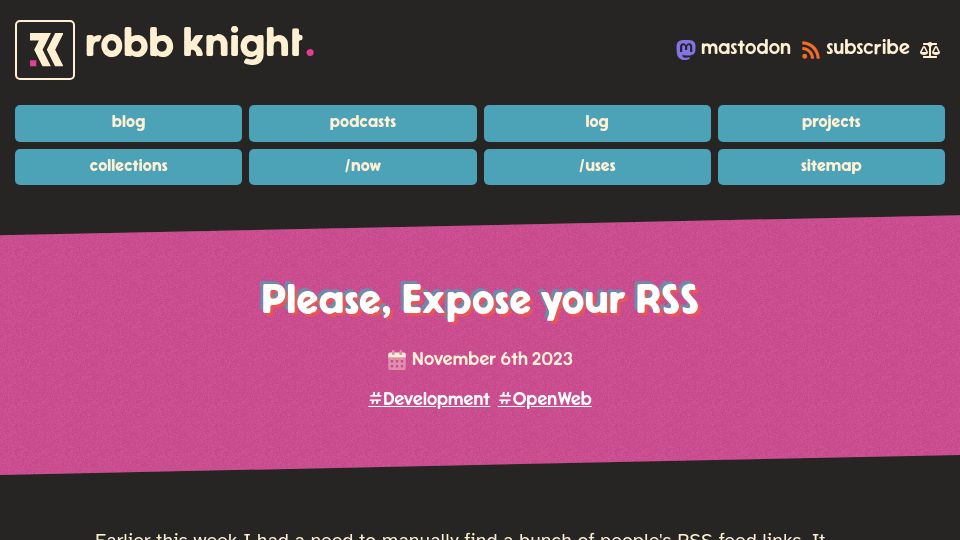 Screenshot of rknight.me: Please, expose your RSS