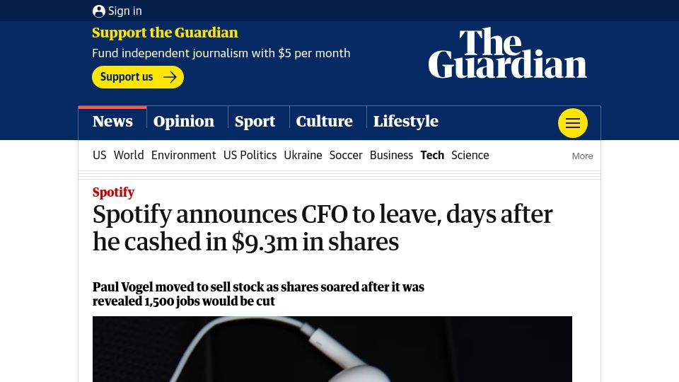 Screenshot of theguardian.com: Spotify announces CFO to leave, days after he cashed in $9.3M in shares