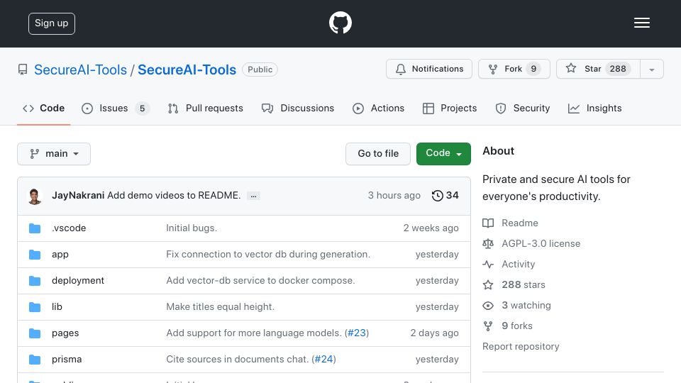Screenshot of github.com: Show HN: Open source alternative to ChatGPT and ChatPDF-like AI tools