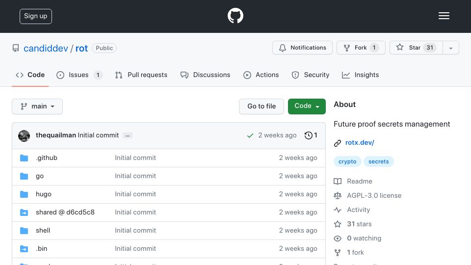 Screenshot of github.com: Show HN: Rot - Offline secrets management