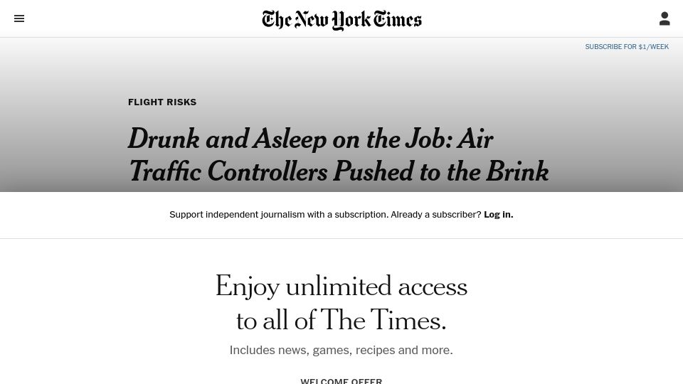 Screenshot of nytimes.com: Air Traffic Controllers Pushed to the Brink