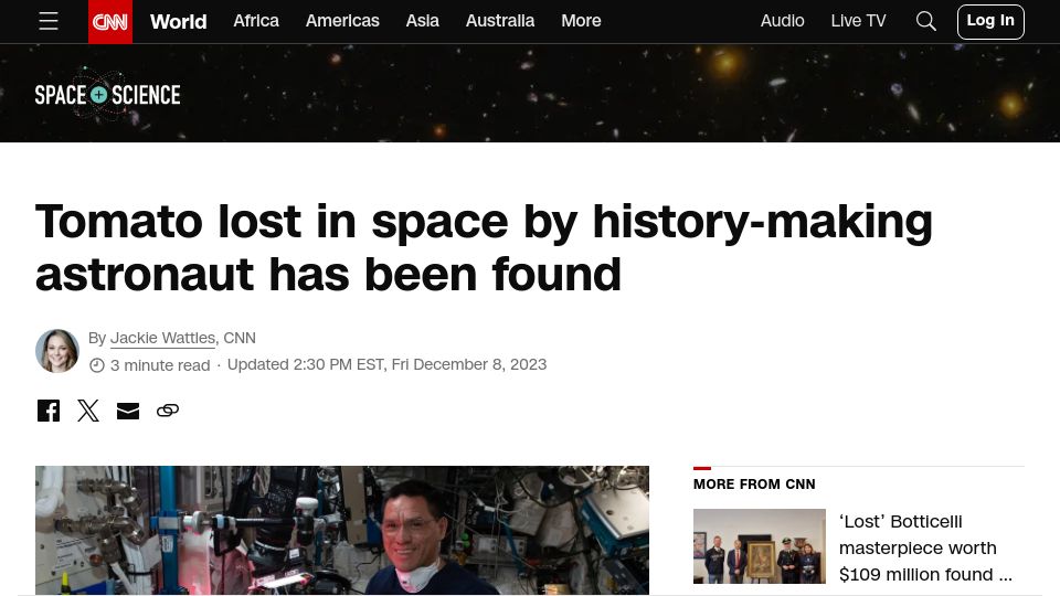 Screenshot of cnn.com: Tomato lost in space by history-making astronaut has been found