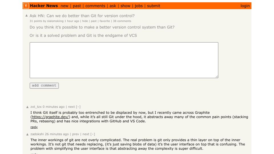 Screenshot of Hacker News post: Ask HN: Can we do better than Git for version control?