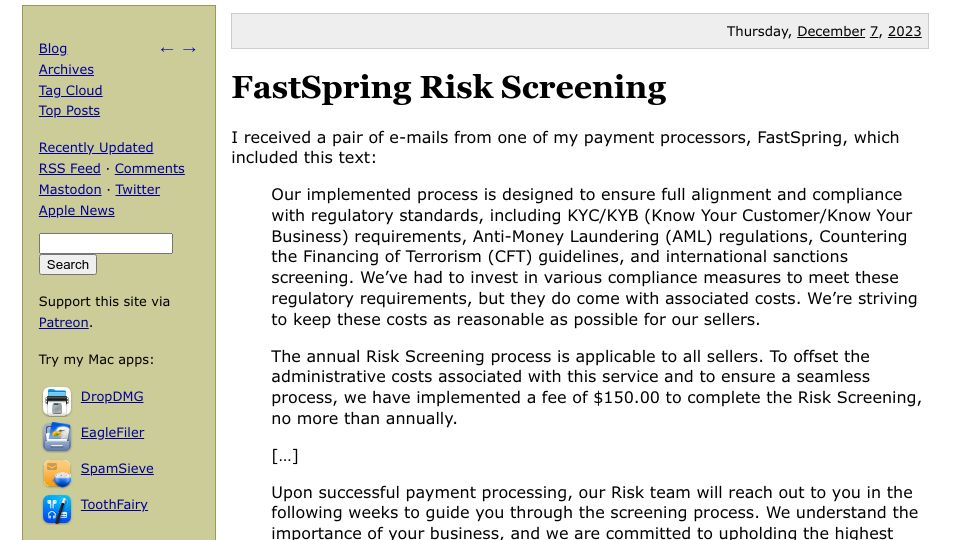 Screenshot of mjtsai.com: FastSpring Risk Screening