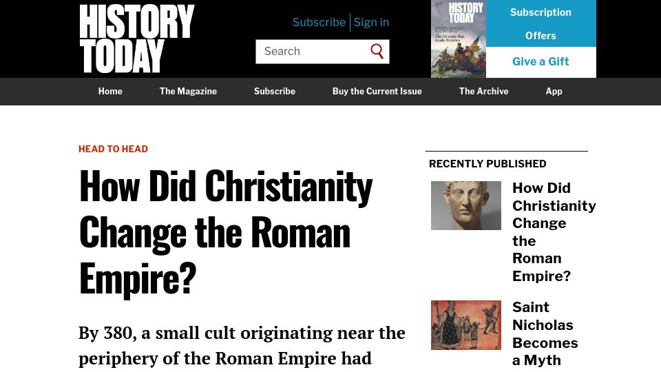 Screenshot of historytoday.com: How did Christianity change the Roman Empire?
