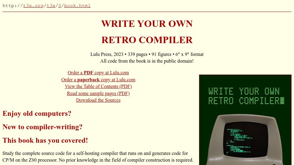 Screenshot of t3x.org: Write your own retro compiler