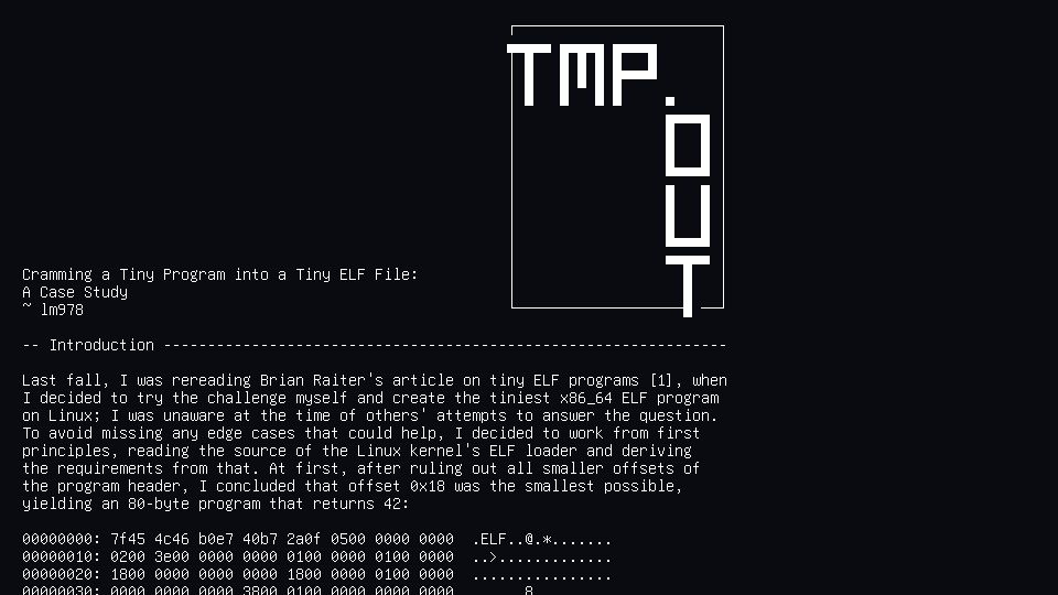 Screenshot of tmpout.sh: Cramming a tiny program into a tiny ELF file