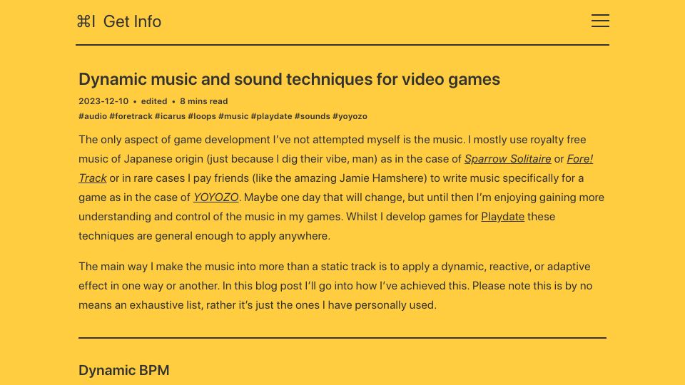Screenshot of blog.gingerbeardman.com: Dynamic music and sound techniques for video games